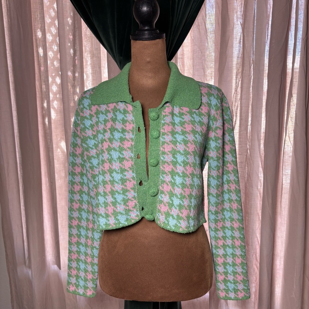 Zara Pastel Pink and Mint Houndstooth Knit Cardigan